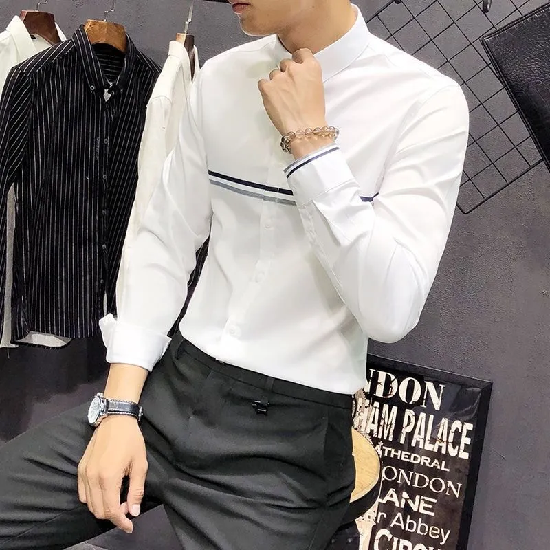 Mandarin Collar Formal Shirt Slim Fit - 남성 만다린 칼라 긴소매 셔츠 배색