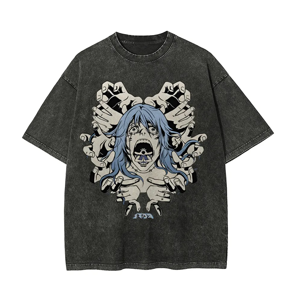 Acid Wash Vintage Graphic T Shirt - 마히토 티셔츠 주술회센 남성용 애시드 워시