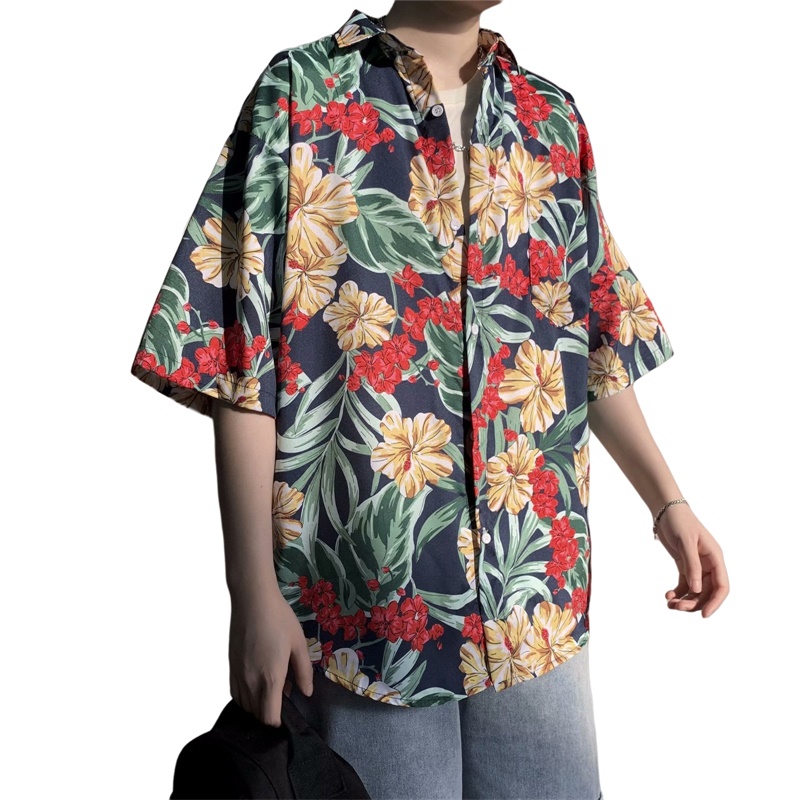 Vintage Hawaiian Floral Shirt - 캐주얼 하와이 레트로 꽃 프린트 신사복