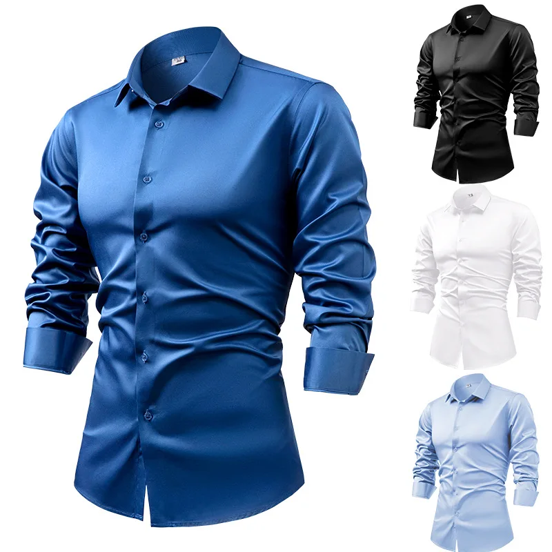 Mens Satin Silk Dress Shirt - 남성용 로얄 블루 실크 새틴 긴팔