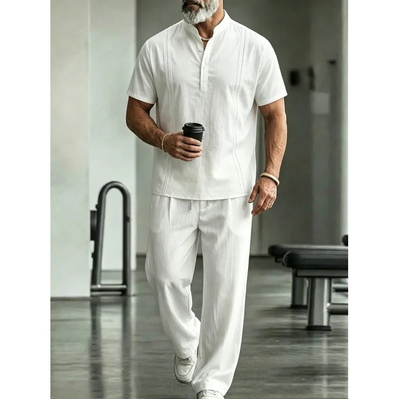 Mens Linen Shirt Long Sleeve - 남성 린넨 캐주얼 투피스 세트 반팔