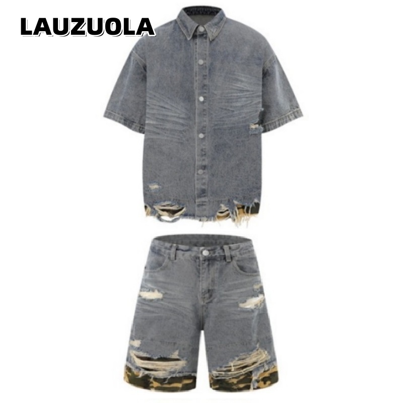 Jeans - 남성용 디스트레스드 데님 반팔 셔츠 반바지