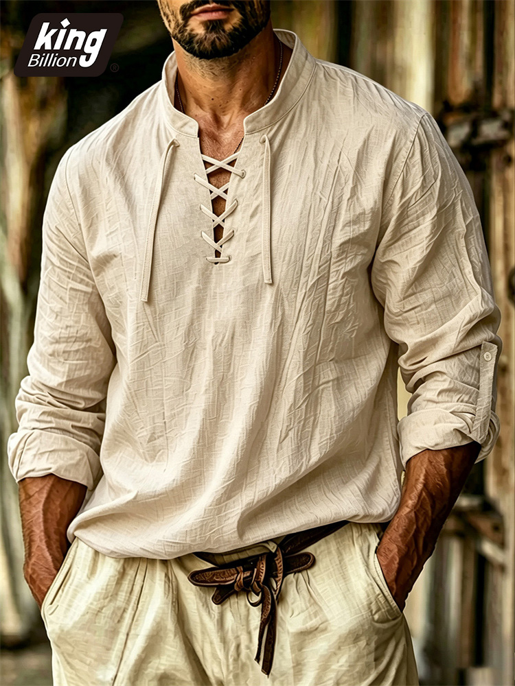 Medieval Gothic Lace Up Pirate Shirt - 남성용 V넥 티셔츠 해적 중세 바이킹