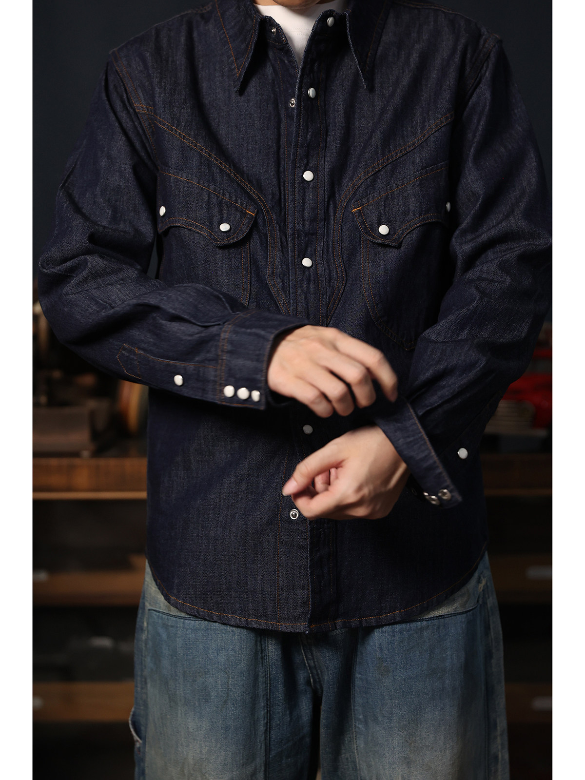 카우보이 웨스턴 스냅 셔츠 심플 아메리칸 캐주얼 로우  - Mens Western Denim Pearl Snap Shirt 리뷰 및 가격