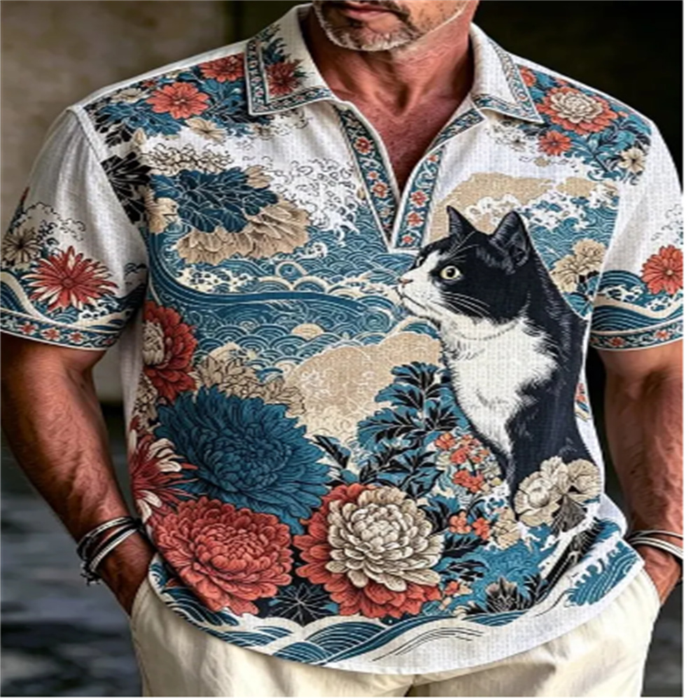 남성용 반팔 폴로 셔츠 빈티지 우키요에 고양이 꽃무늬  - Vintage Hawaiian Floral Shirt 리뷰 및 가격