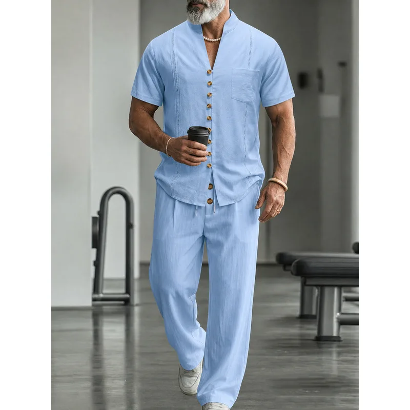 남성 린넨 캐주얼 투피스 세트 반팔 솔리드 라펠 셔츠  - Mens Linen Shirt Long Sleeve 리뷰 및 가격