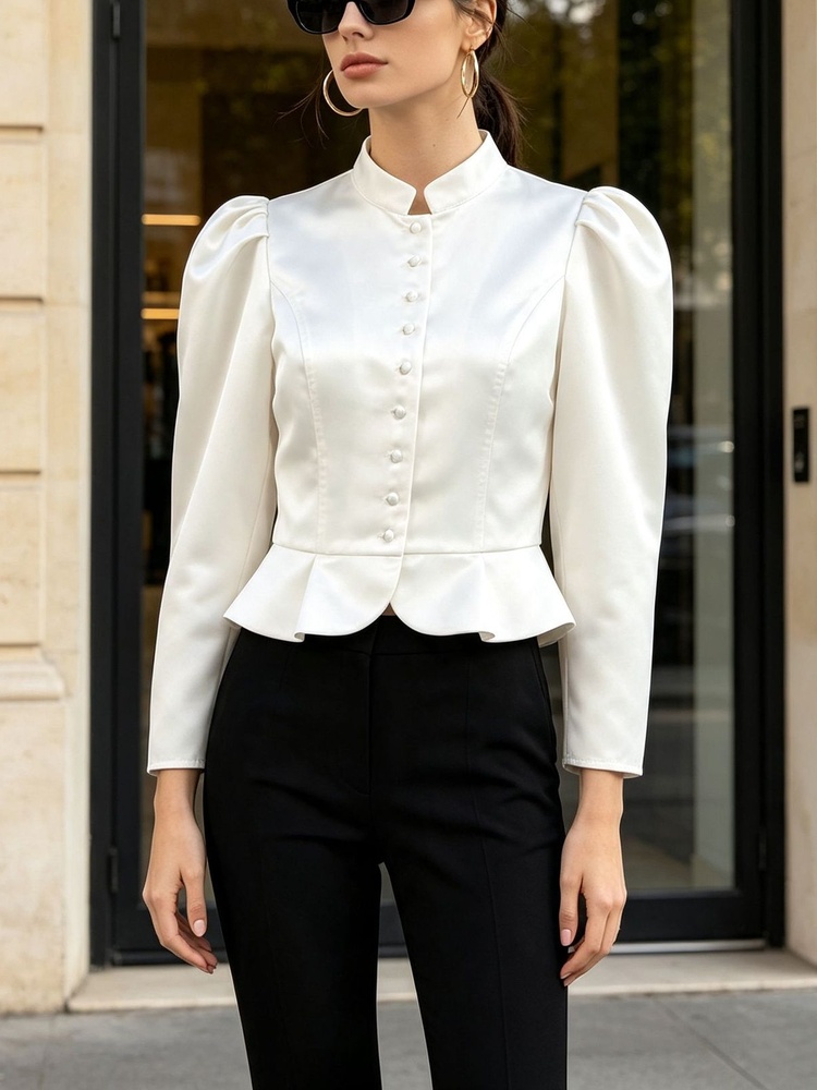 페플럼 블라우스 긴소매 퍼프 숄더 만다린 칼라 버튼 프 - Mandarin Collar Formal Shirt Slim Fit 리뷰 및 가격